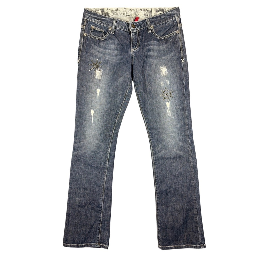 Guess Starlet Straight Leg Jeans Womens 29 Medium Wash Studded Distressed W93043